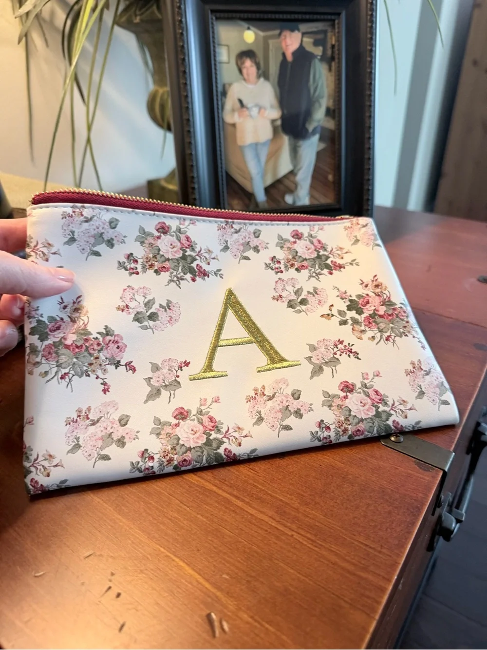 Laura Ashley Cream Floral Cosmetic Pouch with Gold 'A' Monogram